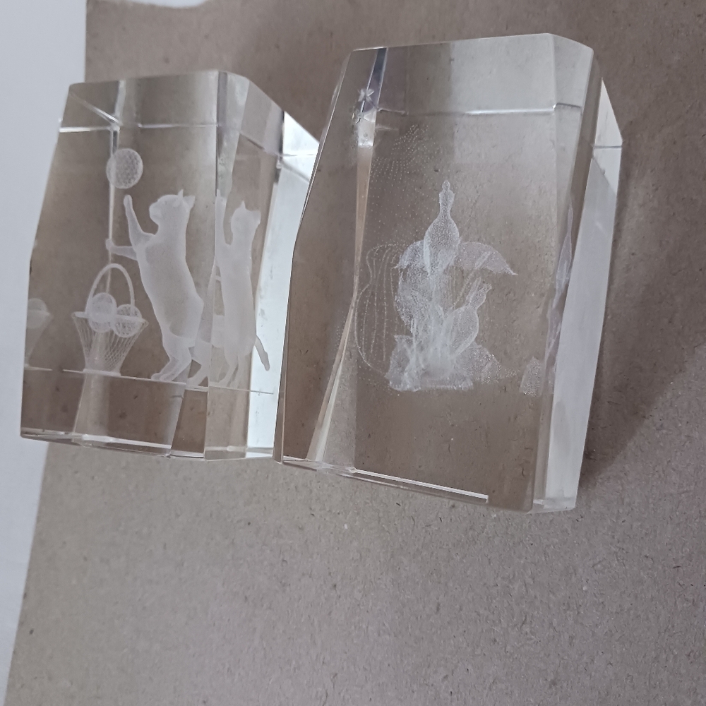 1#Crystal Glass Blocks with Etched Designs Cat&birds Heavy Paperweights - Picture 3 of 8
